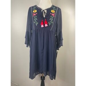 Sequin Hearts NWT Navy Blue Floral Embroidered Tassel Boho Dress XL 9689GG1D